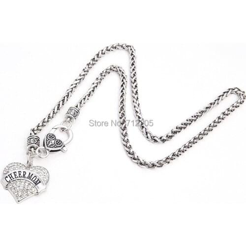 1 inch*1 inch antique silver plated Wheat Link necklace Chain with rhodium plated crystal hearts Cheer Mom pendant necklaces