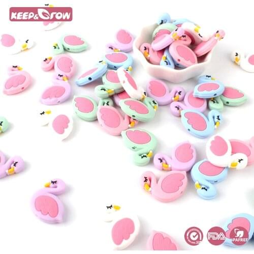 Keep&Grow 10Pcs Flamingo Silicone Beads Rodent Baby Teethers Food Grade Gryzak Baby Teething Toys Pacifier Chain Pendant