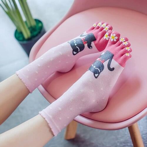 3 Pairs Cotton Ladys Five Finge Socks Cartoon 5 Toe Socks Womens Cute Japan Cat Socks With Separate Toes