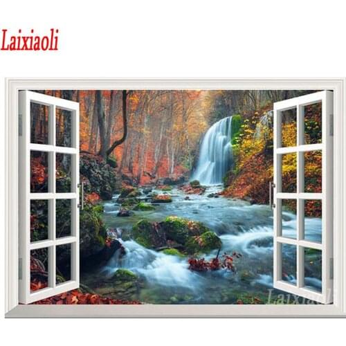 5D Cross Stitch Diamond Painting window natural waterfall tree fall Landscape Full Drill Rhinestones Mosaic Diamond Embroidery