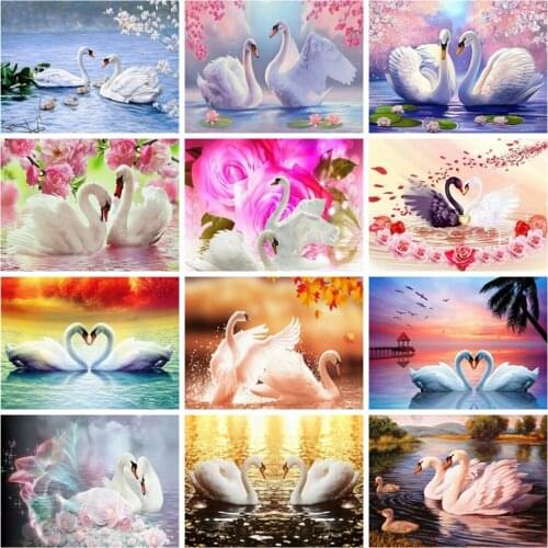 Huacan 5d Diy Diamond Painting Swan Lake Home Decor Diamond Embroidery Animal Flower Scenery Mosaic Cross Stitch Wall Sticker