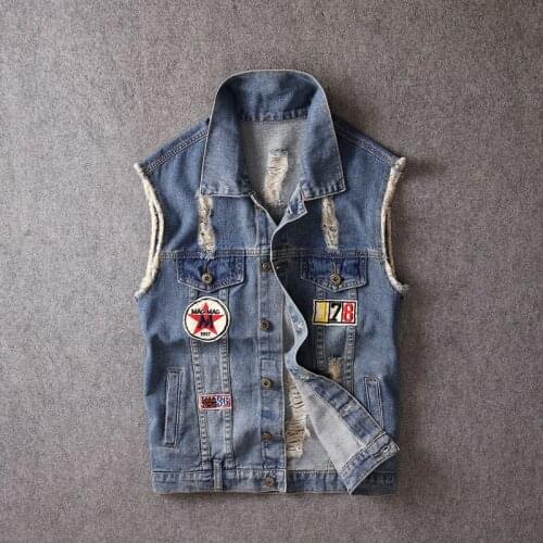 American Street Style Fashion Men Vest Retro Dark Blue Patches Designer Ripped Denim Vest Men Destroyed Sleeveless Punk Jackets
