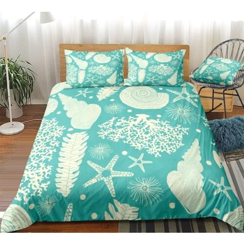 Turquoise Shells Bedding Nautical Starfish Duvet Cover Set Underwater Conch Bedclothes for Kids Teens