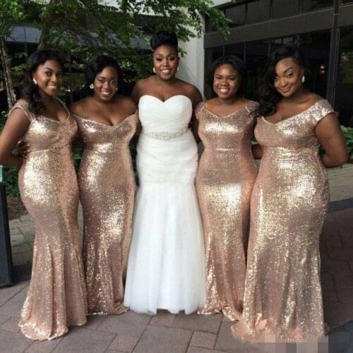 Shining Sequin Plus Size Bridesmaid Dresses 2021 Customize Off the Shoulder Long Wedding Party Dress Women Formal Party Gown