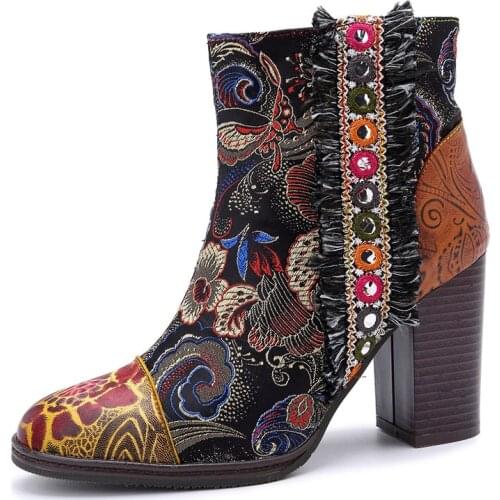 Women Boots New Retro Genuine Leather Printing Splicing 7CM Thick High Heel Zipper Dress Short Boots Ladies Shoes Women Shoes