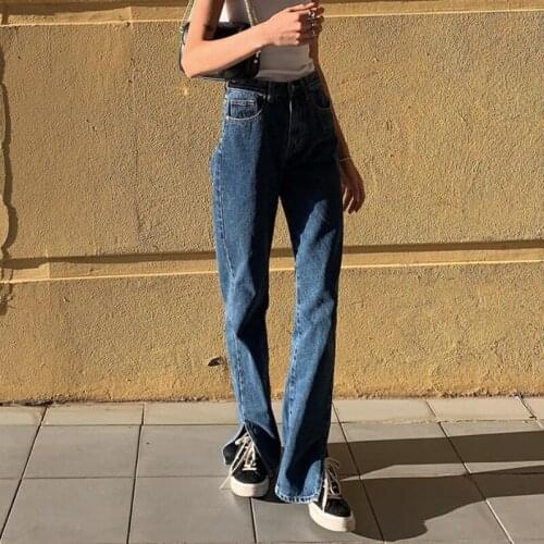 B-TOTO American Retro Slit High Waist Denim Trousers Womens Trendy Ins Straight And Thin Mopping Pants 2021 Fashion