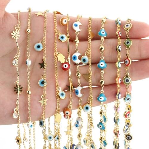 1M Gold Color Stainless Steel Heart Star Evil Eye Beads Chain for Bracelets Necklace Ankles Jewelry Making DIY Accessories