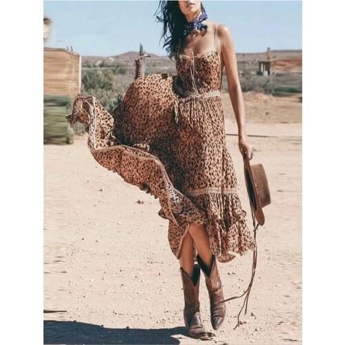 Boho Leopard Print Strap Long Dresses Women Lace Patchwork Sashes Ladies Sexy Summer Maxi Party Wear Vestidos Female 2021