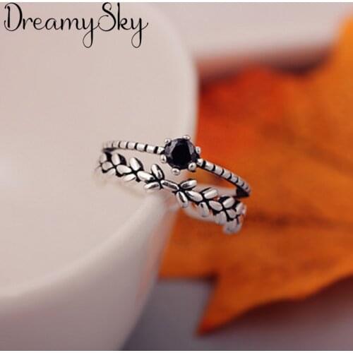 DreamySky Exaggerated Retro Silver Color Black Leaf Rings For Women Engagement Rings Men Vintage Jewelry