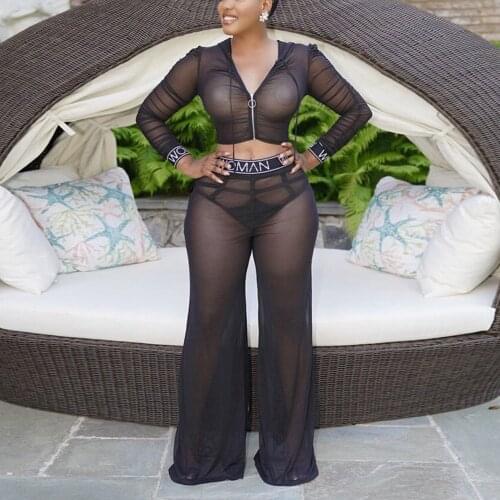 Sexy Transparent Pants Sets For Womens Crop Tops & Wide Leg Pants Black Fashion Autumn Clothing Outfits 2 Pieces Matching Sets