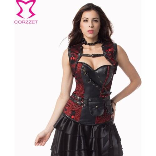 Corzzet Red/Black Skull Pattern Leather Armor Corset And Jacket Waist Trainer Steel Boned Plus Size Gothic Steampunk Clothing