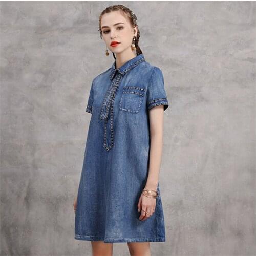 Summer Women Straight Dress 2020 Vintage Denim Women Tie Dress Embroidery Short Sleeve Loose Female Dresses 2231 Vestidos