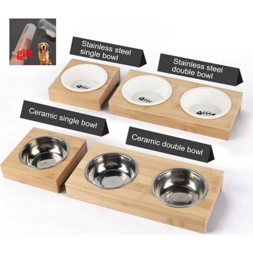 Pet Dog Bowl Cat Bowls Stainless Steel /Ceramic Feeding &Drinking Bowls Combination Bamboo Frame ciotol Pet Accessories gifts