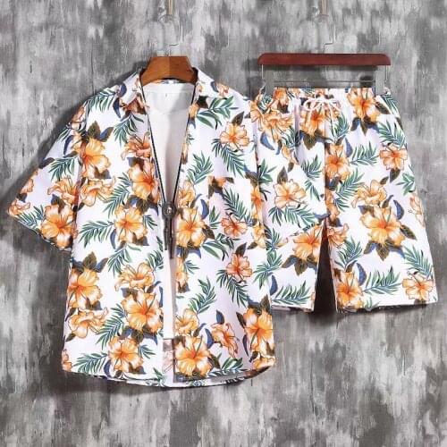 Fashion Hawaiian Print Short Sleeve Shirt Set Mens Beach Coconut Print Shorts Mens Daily Beach Shirt Set Two-piece M-3XL