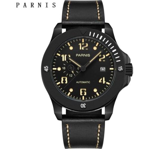 Parnis 43.5mm Mens Automatic Mechanical Watch Luminous Black Leather Strap Calendar Men Watches montre homme luxe grande marque