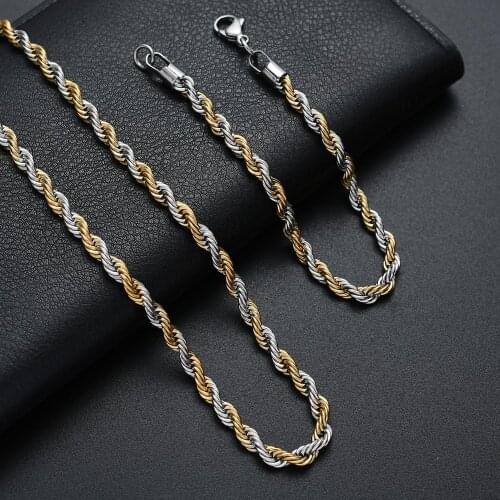 Mens Jewelry Set Width 5MM 316L Stainless Steel Plated Gold Twist Chain Necklace Bracelet Party Gift drop shipping
