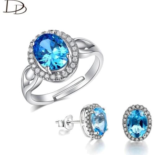 DODO Charming Blue Austrian Crystal Jewelry Set Oval Zircon Inlay Open Size Ring & Stud Earrings Sets For Women Bijoux JS026