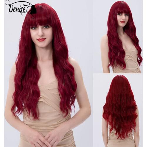 Wine Red Long Wave Daily Natural Hair Synthetic Wig With Bangs For White Women Cosplay Party Heat Resistant Female Fiber Wigs