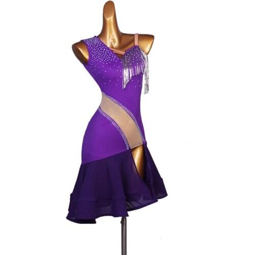 Diamond Latin Dance Dress Salsa Tango Ballroom Competition Group Dance Dress For Women Pleated Practice Costume Free Custom