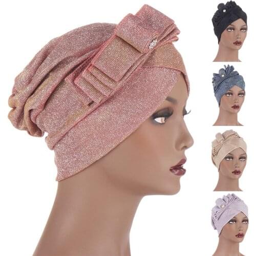 2021 New Popular Glitter Head Scarf Hat High Elasticity Soft Muslim Head Wraps Cap Turban Hat Bow-tie Bonnet Head Decoration