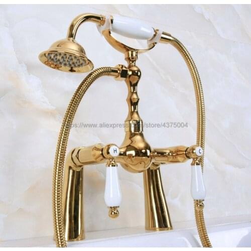 Luxury Gold Color Brass Bathroom Bathtub Shower Faucet Deck Mounted Double Ceramic Handle with Hand Held Shower Nna136