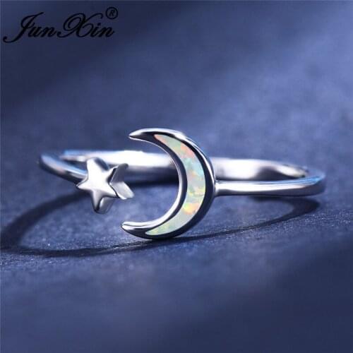 JUNXIN Minimalist Female Moon Star Ring White Gold Blue White Fire Opal Rings For Women Wedding Thin Ring Engagement Jewelry