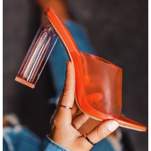 Summer Women Ankle Strap Sandals PU Slip On Square heel Transparent 9.5CM High Heels Sandals Women Shoes Sexy Pumps