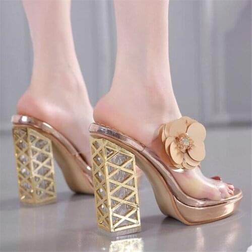 Peep Toe Transparent Decoration Flower Square Heel Womens Sandals High Heels Waterproof Platform 2021 Elegant Female Slippers