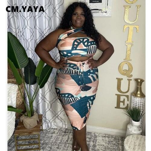 CM.YAYA Women Plus Size Set Print Sleeveless Bandage Halter Crop Tops Skinny Skirts Two 2 Piece Sets Sexy Fashion Outfits Summer