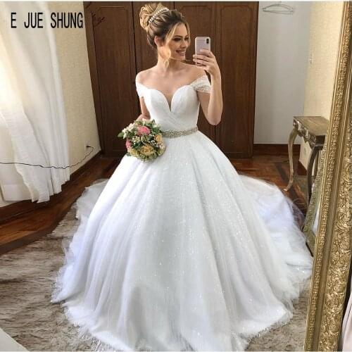 E JUE SHUNG New Shiny Ball Gown Wedding Dresses Off The Shoulder With Crystal Belt Lace Up Back Vestidos de Novia Bridal Dresses
