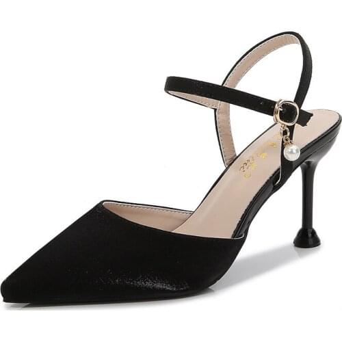 Brand Women Sandals Summer Shoes High Heels Leather Pointed Toe Silk 6CM 8CM Thin High Heels Buckle Strap Shallow women shoes