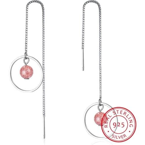 Luxury 925 Sterling Silver Geometric Long Tassel Circle Pink Strawberry Crystal Drop Earring for Women Sterling Silver Jewelry