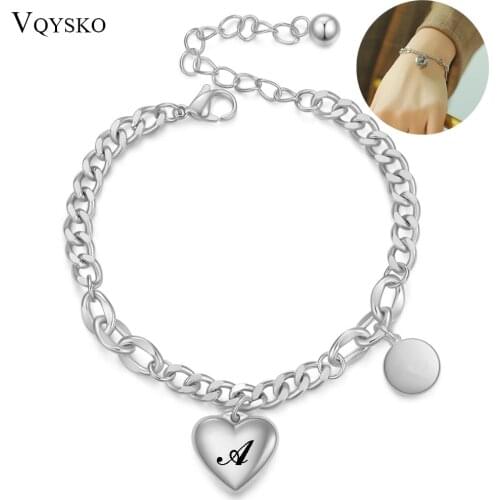 Women Fashion Initial Bracelet With Heart&Round Tag Charm 100% Stainless Steel A-Z 26 Letters Bracelets Jewelry Dropshipping