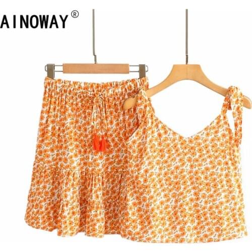 Vintage chic Women two piece outfits strap Sleeveless tops Bohemian Drawstring mini skirts 2 pieces rayon cotton Boho sets