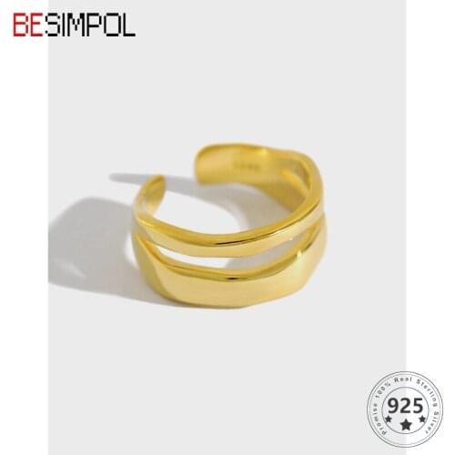 Besimpol High Quality Irregular Double Layer Gold Ring Real 925 Sterling Silver Rings For Women Fashion Luxury Fine Jewelry Gift