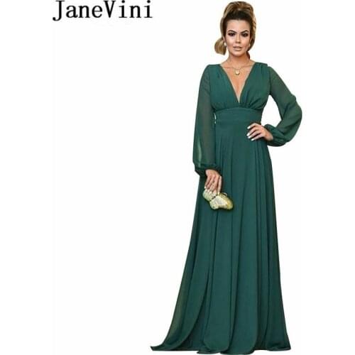 JaneVini Arabic Long Sleeves Evening Dresses Empire V-neck A-line Green Chiffon Bridal Mother Dress Simple Long Women Party Gown