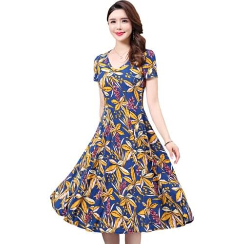 Plus size 5XL Women Vintage Dress Short Sleeve V-neck Summer Womens Elegant Printing Mid-Calf Casual Hedging Dresses Female
