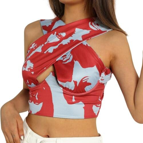 2021 Hirgin Women Navel Tank with Personality Female Character Avatar, Sexy Street Style Summer Halter Cross Bodycon Clothing