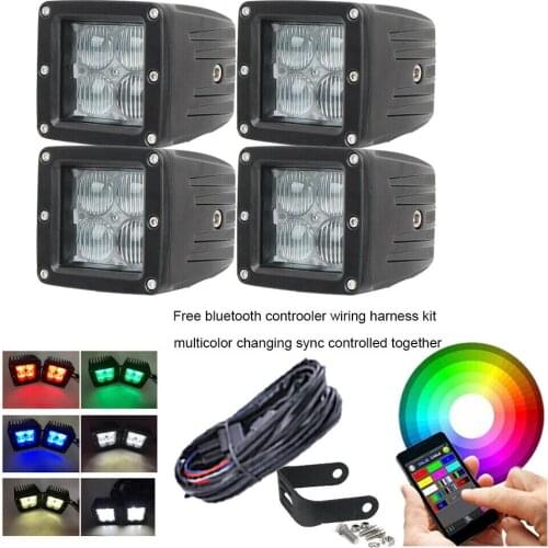 4pcs Offroad RGB Music Bluetooth App 3inch Led Work Light Bar Spot Flood Pods Free Wire Kit For SUV ATV Lada 4X4 Auto Accessory