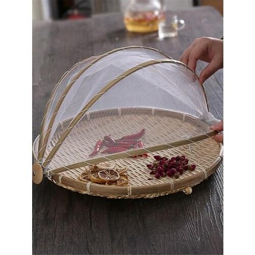 Basket With Gauze Handmade Bamboo Woven Fruit Vegetable Basket With Mosquito Bug Proof Net Kithen Picnic Basket Handmade Fruit