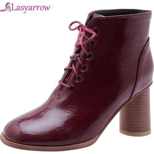 Lasyarrow PU leather lace up booties for women ladies round high heel black dress shoes ladies larger size 48 ankle boots J1049