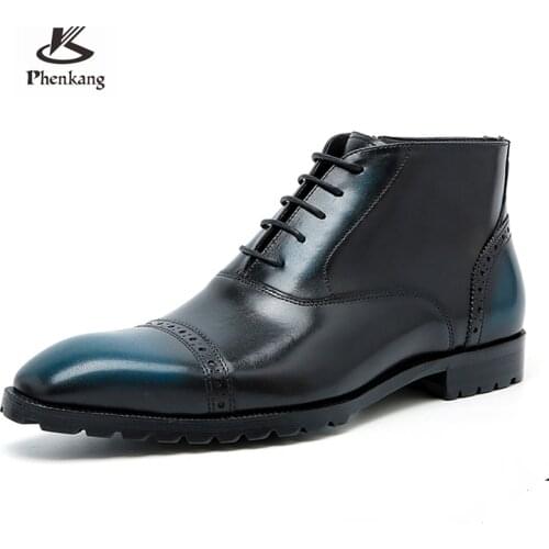 Men Winter chelsea Boots Genuine leather Mens Platform Brogue Casual Ankle Flat Shoes Lace Up dress Designer Brand boots
