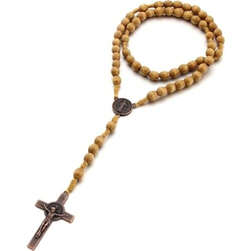 Handmade Weave Saint Benedict Medal Antique Wooden Rosary Cross Necklace Vintage Catholic Religious Jesus Christian Jewelry
