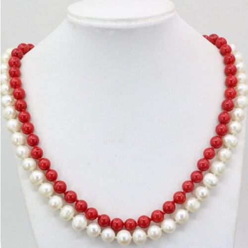 7mm red coral stone beads making diy necklace for women white natural freshwawter pearls 8-9mm 2 rows chain jewelry 18-19" B3454