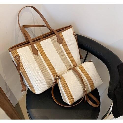 Simple striped large-capacity bag female bag summer wild 2021 new trendy canvas shoulder bag student portable tote bag