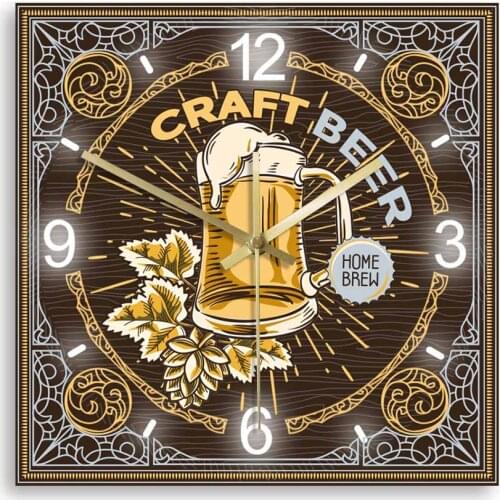 Craft Beer Brewery Time Silent Square Clock Retro Printed Square Wall Clock Home Brew Man cave Décor Wall Watch Beer Lover Gifts