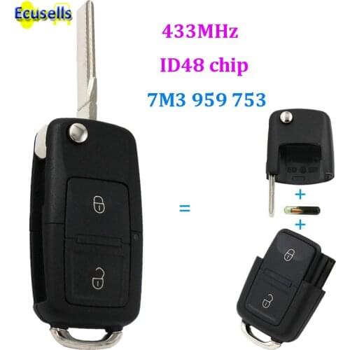 Folding Flip 433MHZ 2 Button Remote Car Key WITH ID48 Chip 7M3 959 753 For VW For Volkswagen Sharan Model (2004+) HU66 BLADE