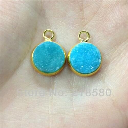 SP-065 25pcs 8mm Sky Blue Druzy Pendant, Gold Electroplated Bezel Stone Pendant One Bail,Round Connectors