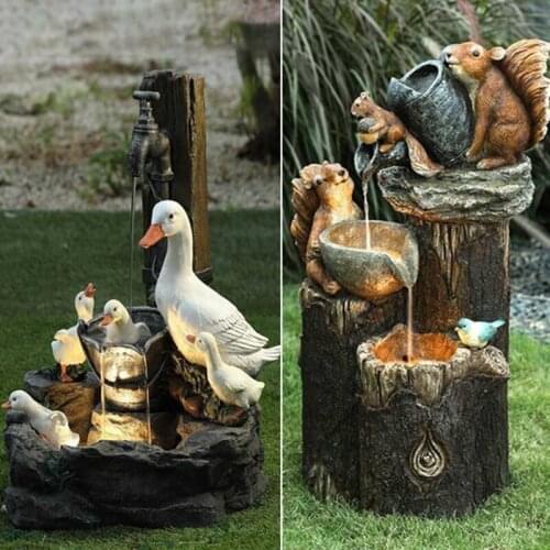 Animal Squirrel Duck Garden Statue with Solar Lights Waterfall Fountain Resin Figurine Ornament Outdoor Decorations