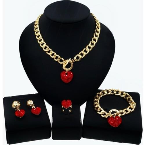 Yulaili Bridal Gifts Nigerian Wedding Womens Suits and Love Heart Shape Jewelry Sets Fashion Red Diamond Jewelry Set Wholesale